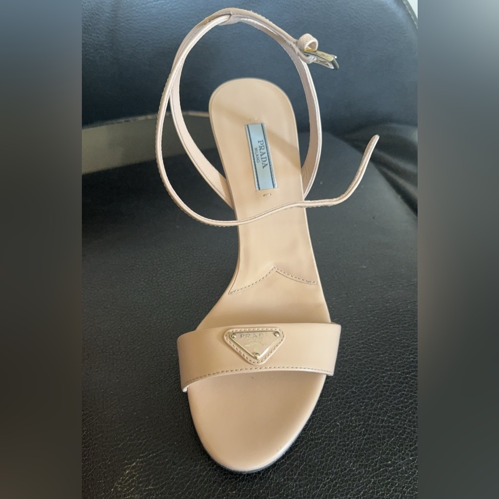 Prada Logo 85 Leather Ankle strap heels (nude)
